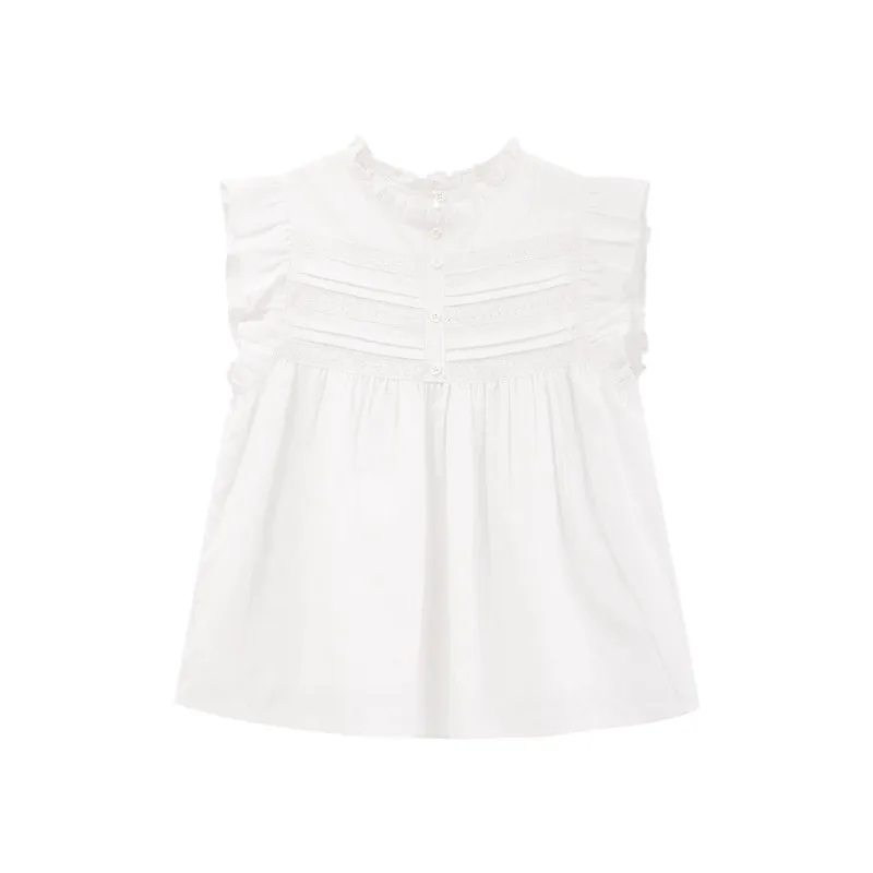 French Style Ruffle Sleeve Blouse for Women Elegant Spring Sweet Short Sleeve Top with Lace Details Lightweight  Feminine Shirt