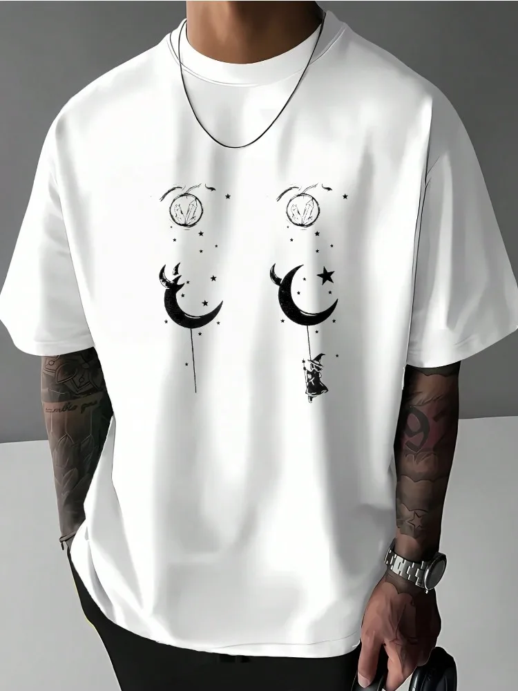 Mystic Moon Witch Crystal Star Graphic Mens Loose Crew Neck Short Sleeve Cotton Tee Gothic Vintage Summer Casual Streetwear Top