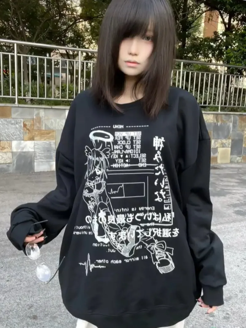 

Мультяшный ретро-принт с круглым вырезом и длинными рукавами в студенческом стиле, новинка 2025 года, свободный и удобный классический универсальный топ