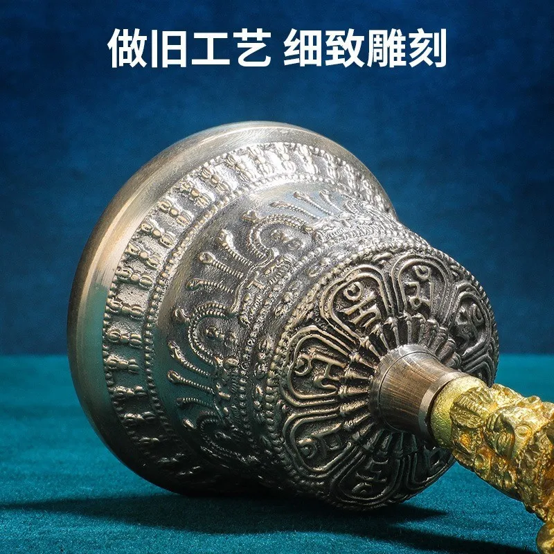 Handmade Pure Copper Tibetan Esoteric Five-Pronged Vajra Ritual Instrument Hand-Cranked Diamond Bell