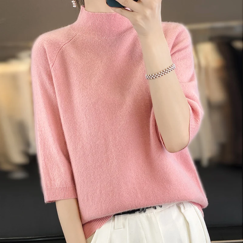 Hot selling women's semi high neck pullover sweater solid color knitted fashionable casual short women's wool sweater T-shirt