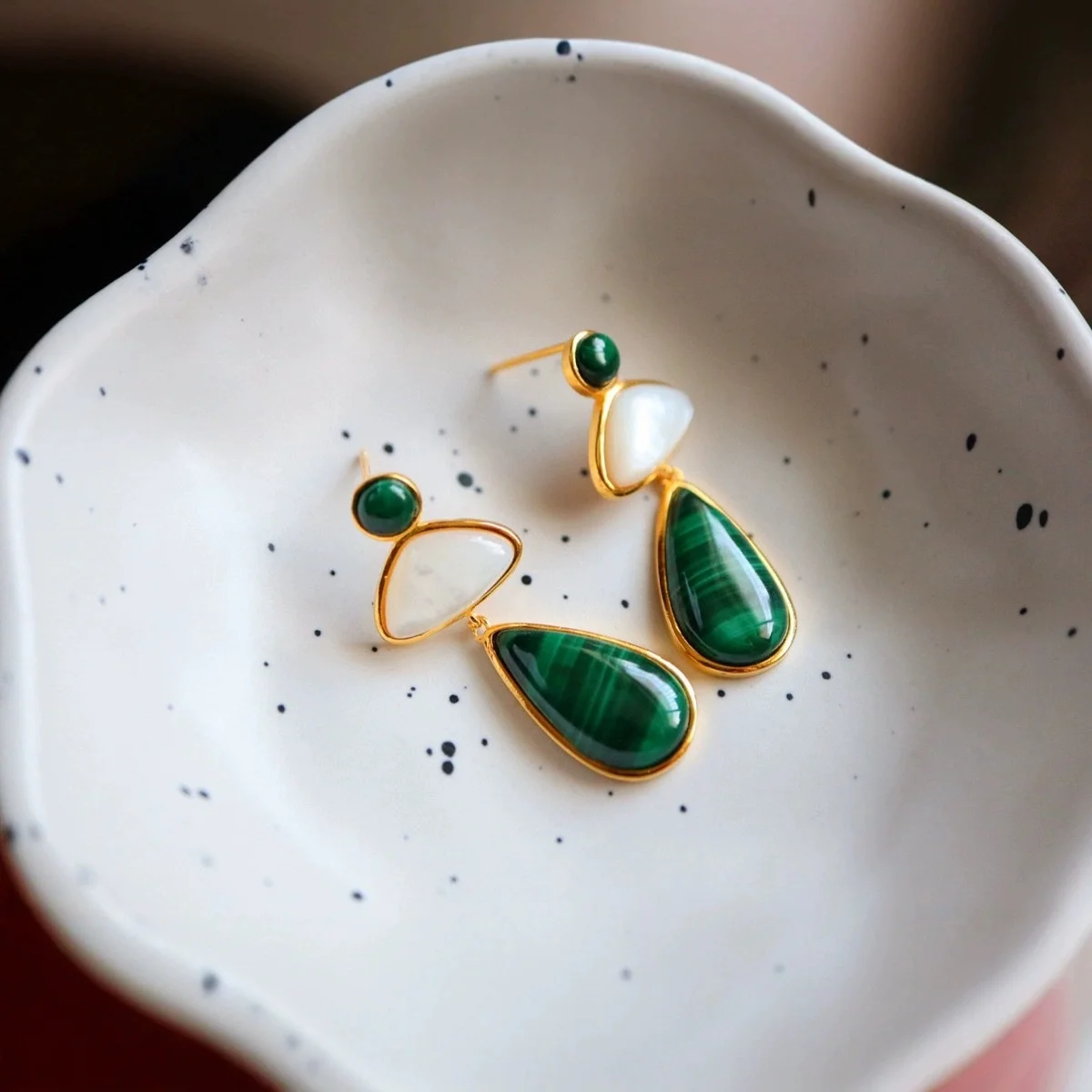 

Personality 925 Sterling Silver Teardrop Natural Malachite Mother of Pearl Ear Drop Dangles Irregular Long Earrings Fine Jewelry