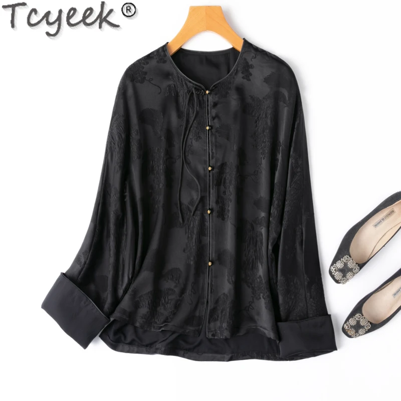 

Tcyeek 93% Mulberry Silk Women Shirt Loose Fit Women's Elegant Shirts Spring Summer Long Sleeve Top Black Shirt Chemise Femme