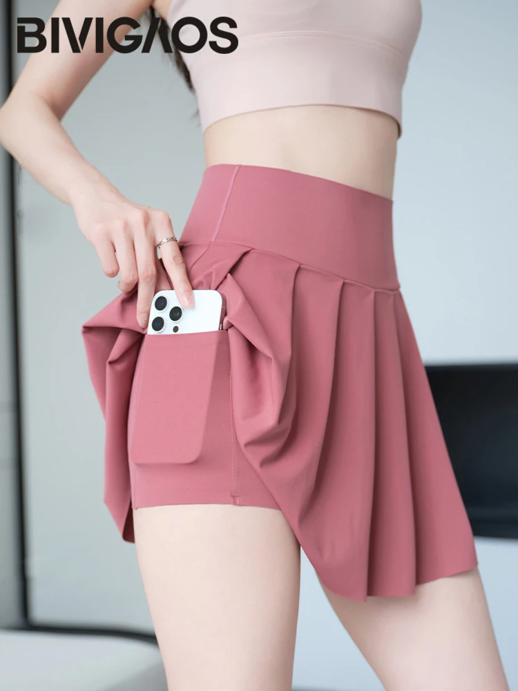 BIVIGAOS Summer Fashion Fake Two Pieces Pleated Skirts Shorts With Pocket Women Sharkskin Sport Fitness Tennis Mini Short Skirt