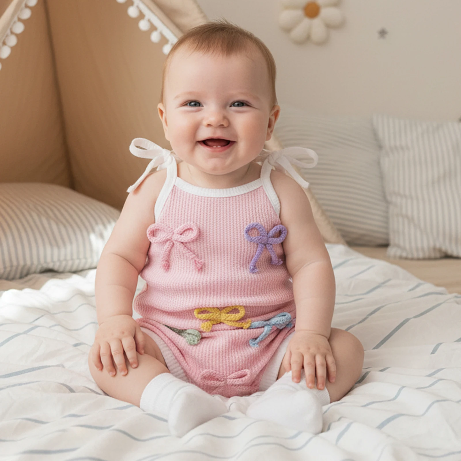 Lovely Newborn Baby Girls Summer Outfits Sleeveless Tie Strap Rompers + Bow Shorts + Headband Set Infant Clothes
