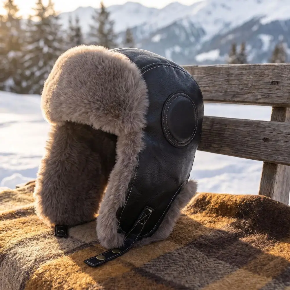 Warm Fleece Lined Trapper Hat Winter Trapper Hat with Ear Flaps Windproof Pu Leather Cap Thickened Fleece Lined Warm Fur for Men