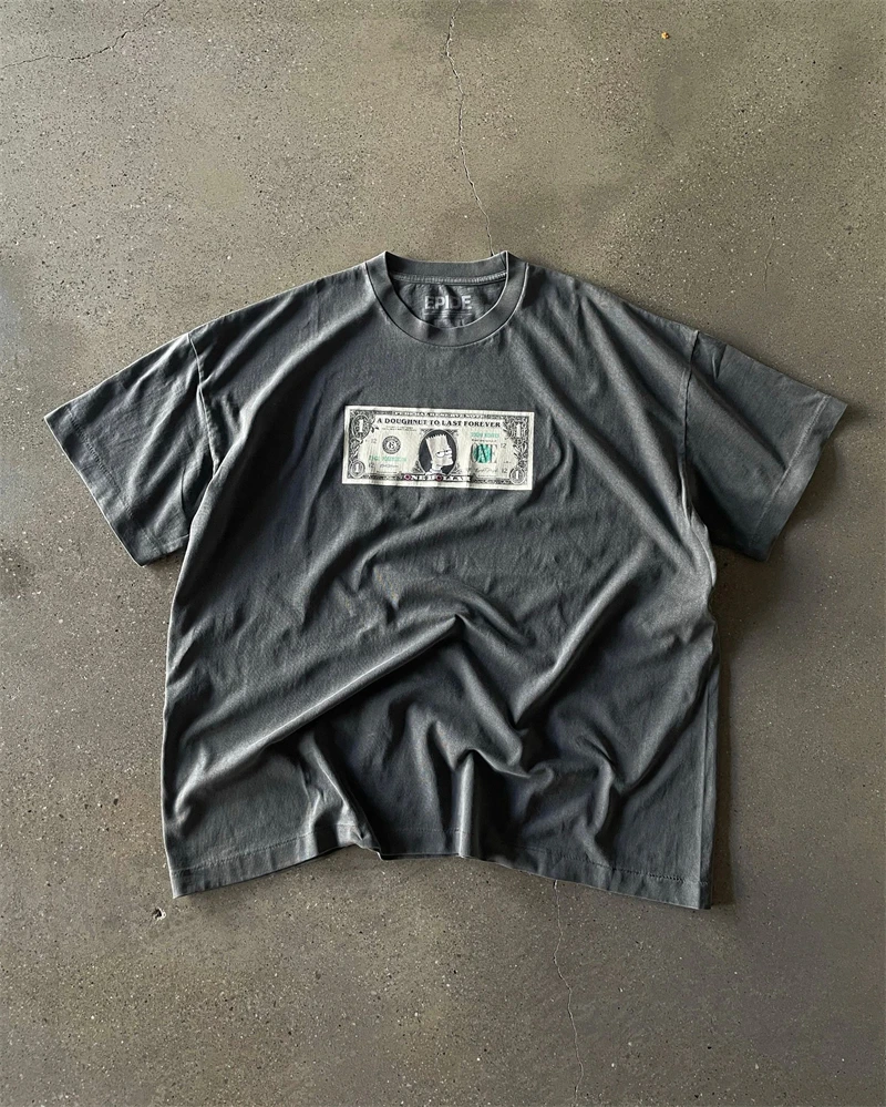 Epide Animated Characters US Dollar Print Washed Vintage Short Sleeved American High Street Casual Loose Top Oversize T-shirt