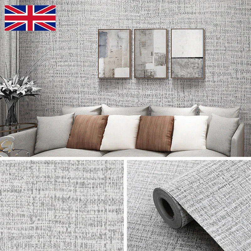 10M Grey Plain Linen Textured Walls Sticker Vinyl Self-Adhesive Wallpaper Roll