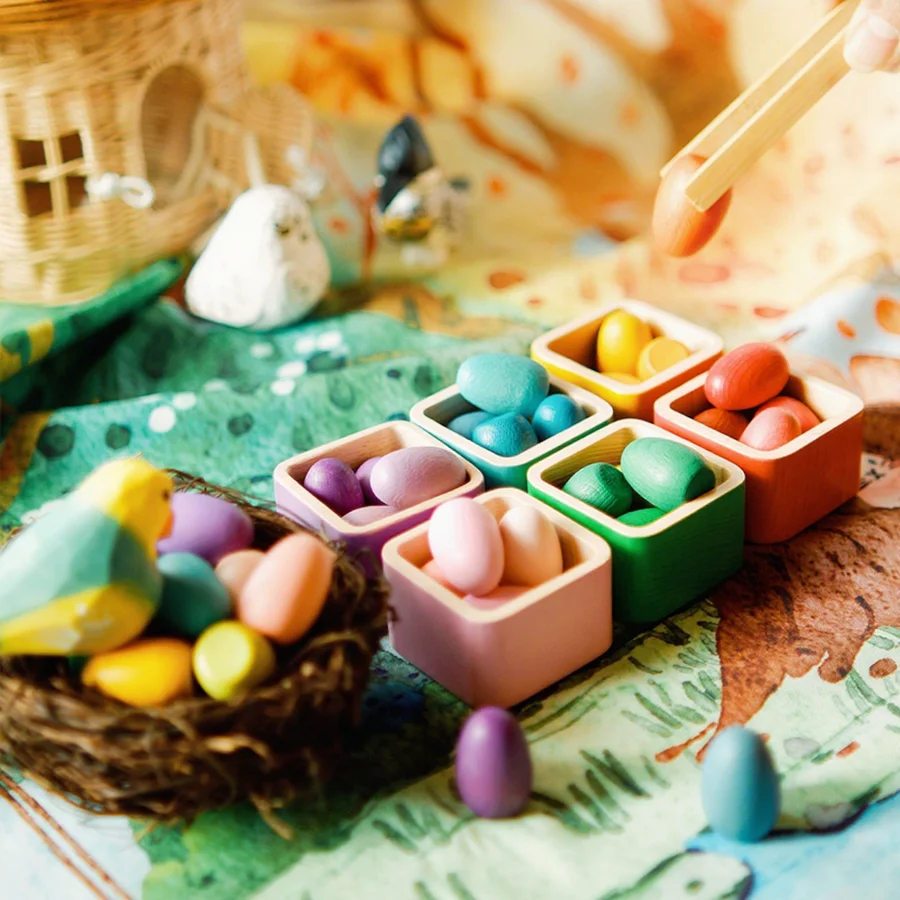 مجموعة بيض الطيور الملونة بألوان قوس قزح، وعاء التراص، ألعاب الأطفال، تصنيف الألوان، ألعاب ألغاز التعليم المبكر