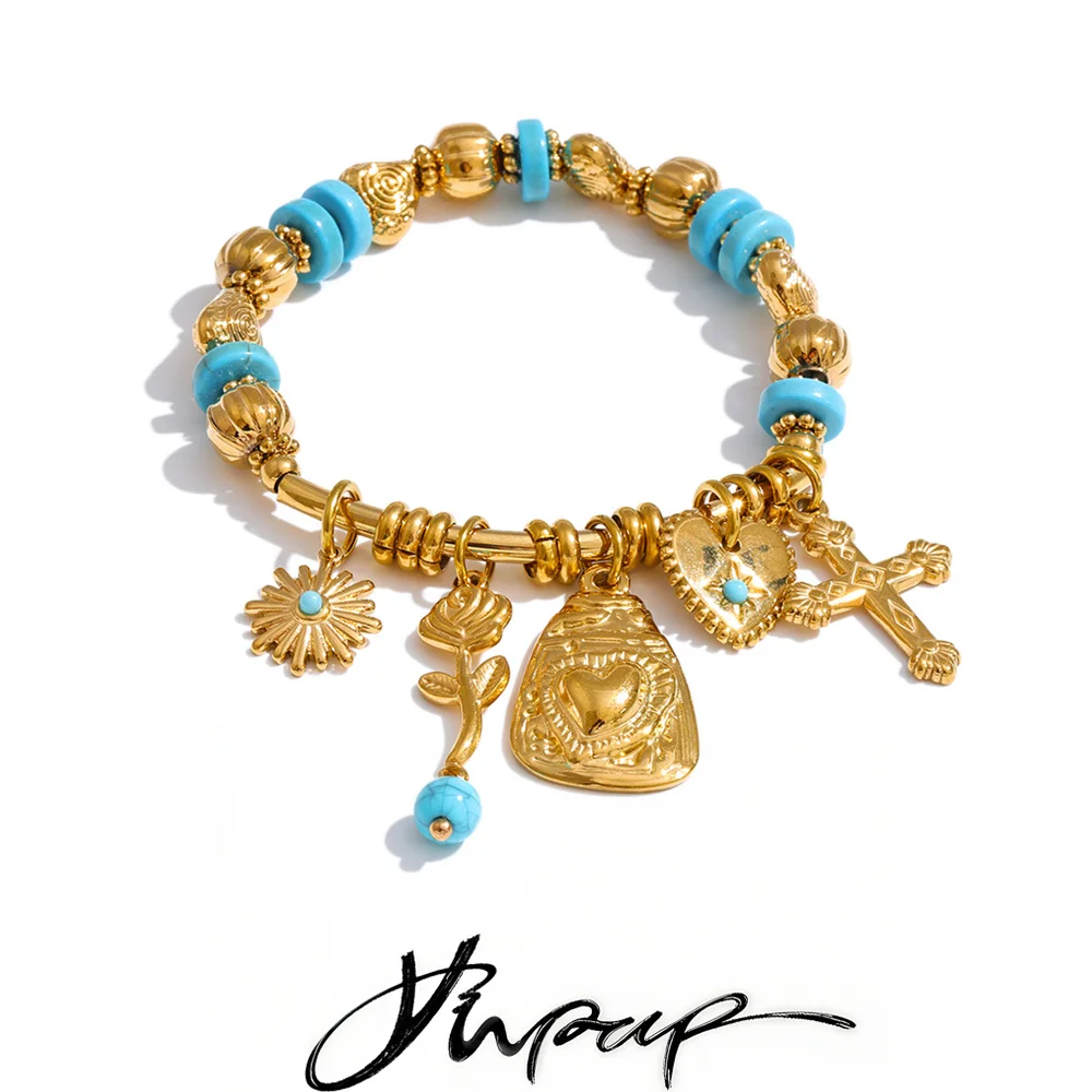 Yhpup Spain Vintage Stainless Steel Stone Beads Heart Cross Flower Drop Charm Bracelet Bangle Summer Handmade Jewelry Waterproof