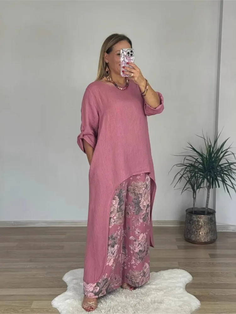 Conjunto de dos piezas de pantalones de pierna ancha con estampado retro, Top Irregular informal de Color sólido a la moda, conjunto de pantalones de lino y algodón para mujer