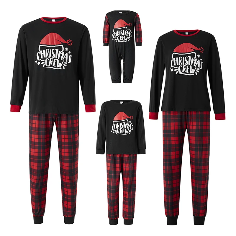 Christmas Family Matching Outfits Winter Parent-child 2 Pieces Sets Red Hat Letter Print Tops and Plaid Pants Sleepwear Pajamas