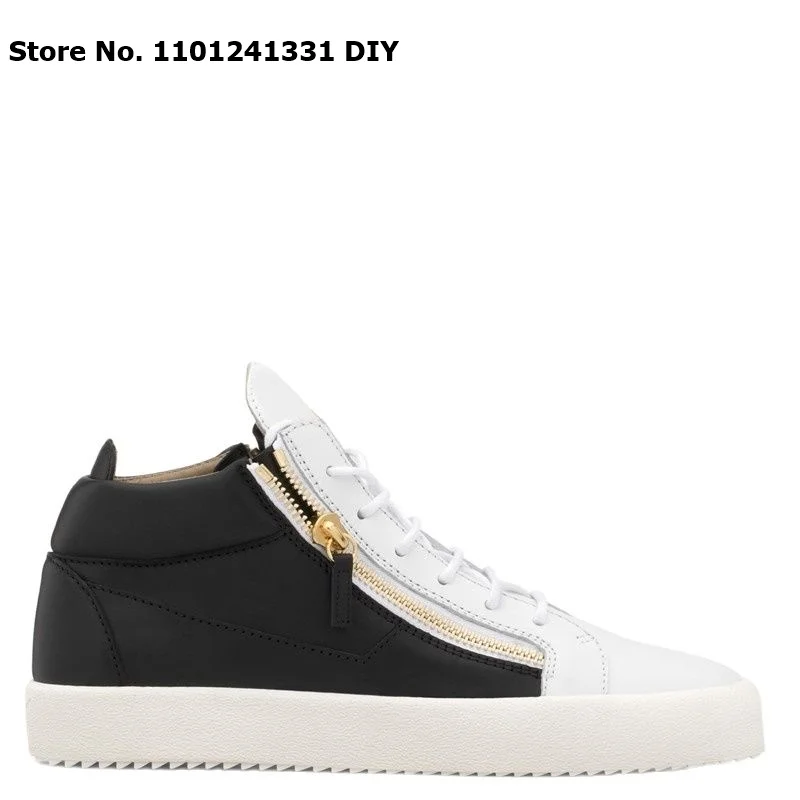 

Black White Match Color High Top Real Leather Platform Casual Sneakers Man Women Zipper Flats Comfortable Shoes Size 36-47