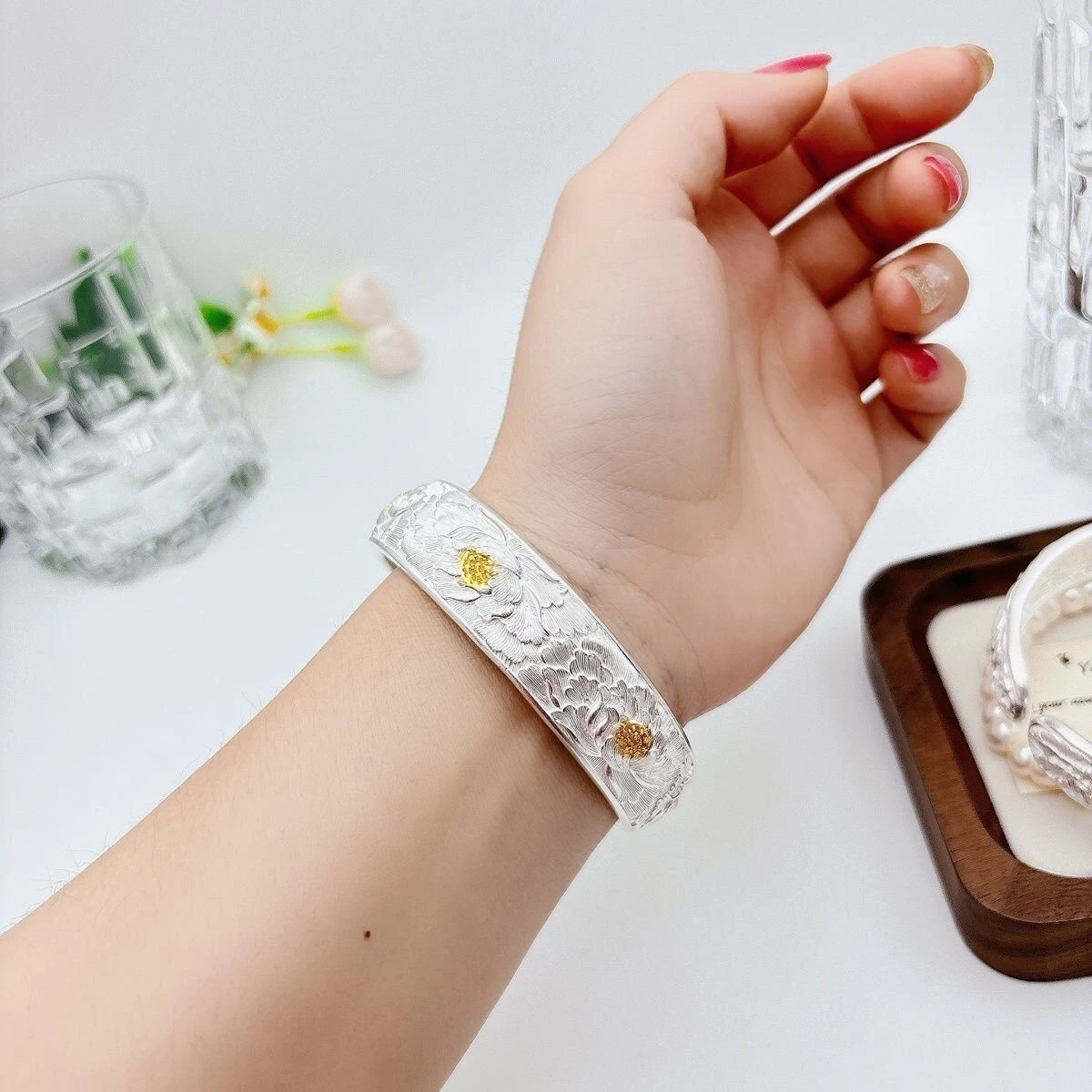 OUYADI 999 Sterling Silver Women Adjustable Bangle, Luxe Gilded Peony Open Bracelet Premium Gift For Her Mother
