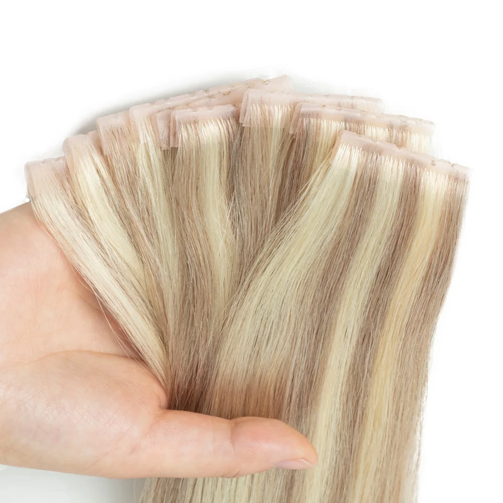 Bruin Onzichtbare Twin Tabs Haar Inslag Human Hair Extensions Recht Injecteren PU Gat Inslag Microlinks XO Inslag Blond 10 stks/pak - afbeelding 1
