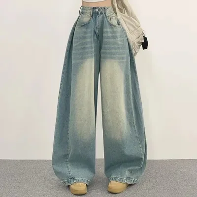 Vintage Black Dark Blue Solid Color Wide Leg Casual Simple Basic Trendy Floor Length Jeans Pants for Women Female Bottom Clothes