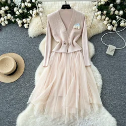 Chic Women Two-Piece Sets Floral Knit Vest and Half High Collar Long Sleeve Spliced Mesh Dresses French Autumn Winter Clothing