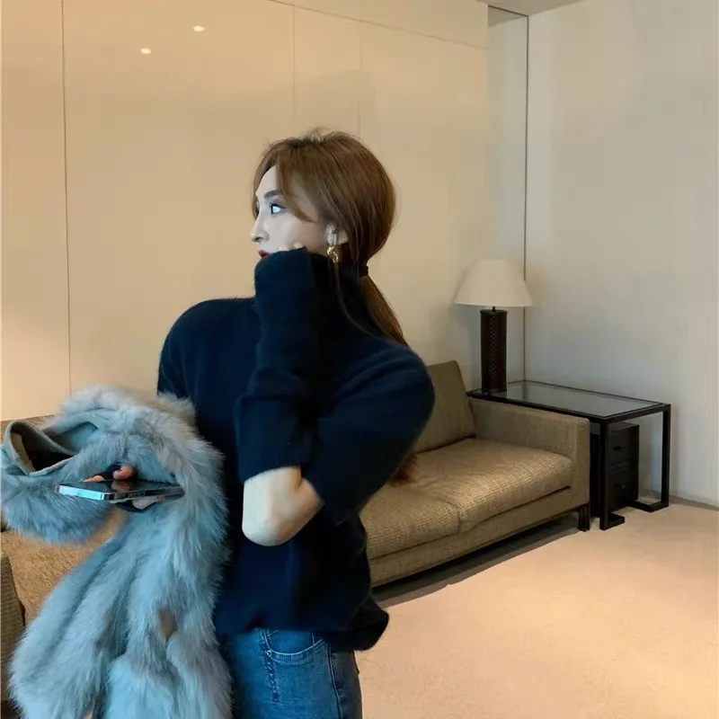 

Retro High Ne Sweater Sve Design Pure Color Long Sve Knitted Wear Fingerl Autumn Winter Women's Loose Fit Color