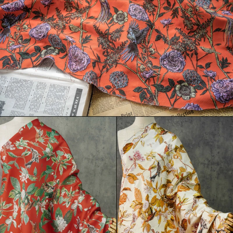 

Bright Orange Flower and Bird Yarn Dyed Jacquard Fabric Oil Painting Style for Sewing Women's Floral Dress Diy Handmade Fabric