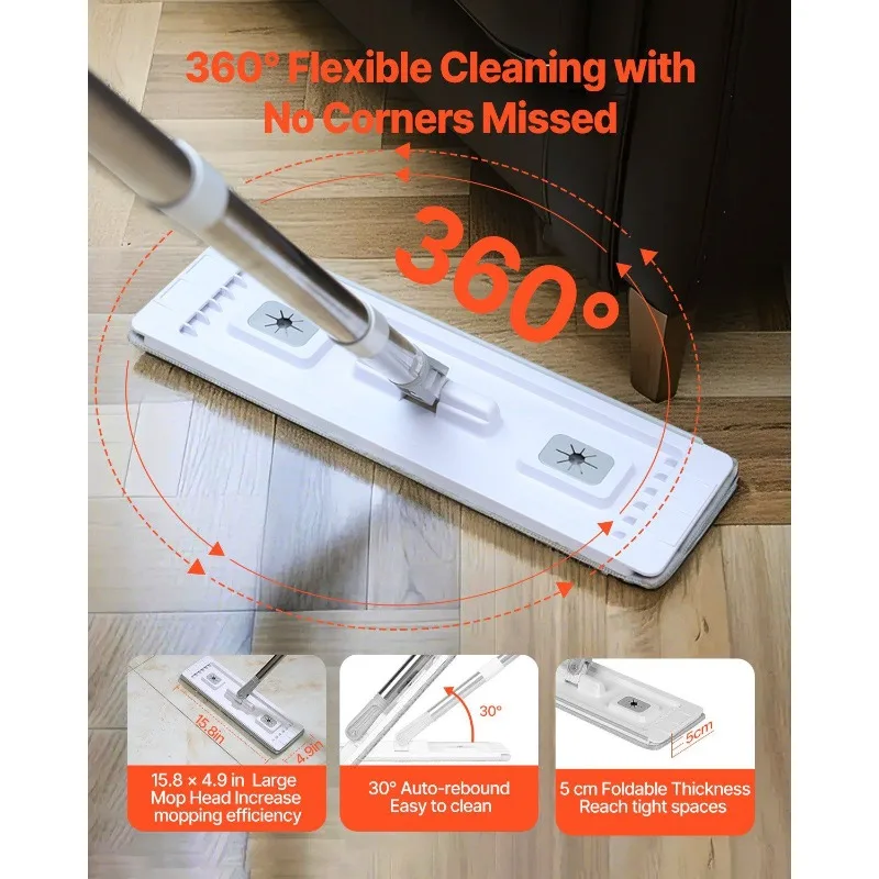 

VEVOR Mop and Bucket Set Wet Dry Flat Mop Stainless Steel Handle 3 Microfiber Pads for Hardwood Tile Vinyl