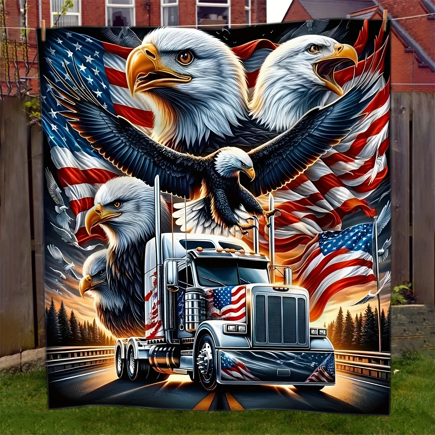 Eagle & Truck Patriotic Blanket – Soft Fleece Throw with American Flag Design for All-Season Gifting