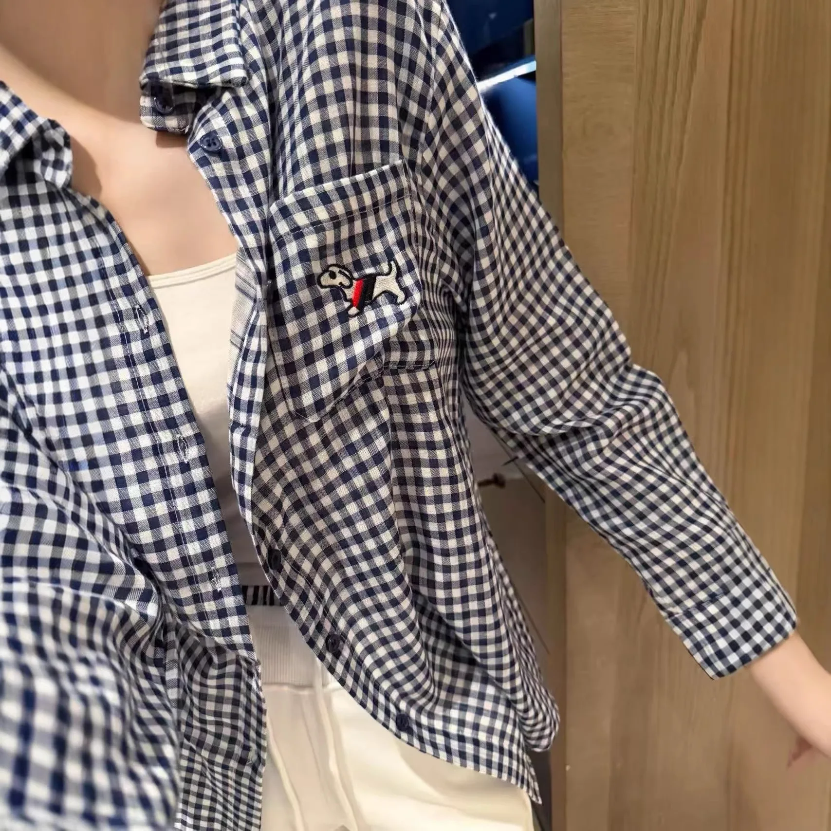 

Casual Long Sleeve Dog Embroidery Double Layered Mesh Shirt Women's Loose Outerwear Korean Style Grid Pattern College Style