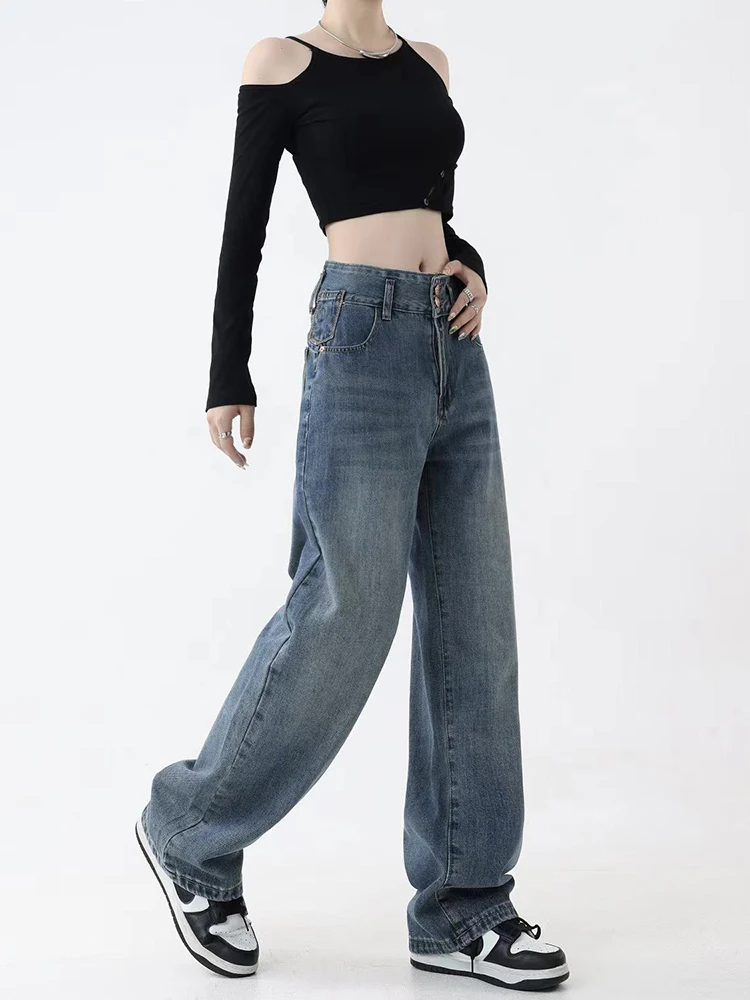 Fashion Street Slim Casual Woman Jeans New High Waist Retro Women Jeans Blue Simple Basic Straight Leg Pants Female Chicly