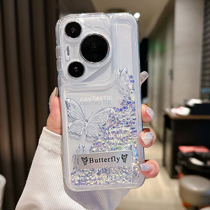 Glitter Liquid quicksand Butterfly Phone Case With holder For Huawei Pura70 Pro P40 P50 P60 Mate 60 50 40 Pro Dynamic Diamond