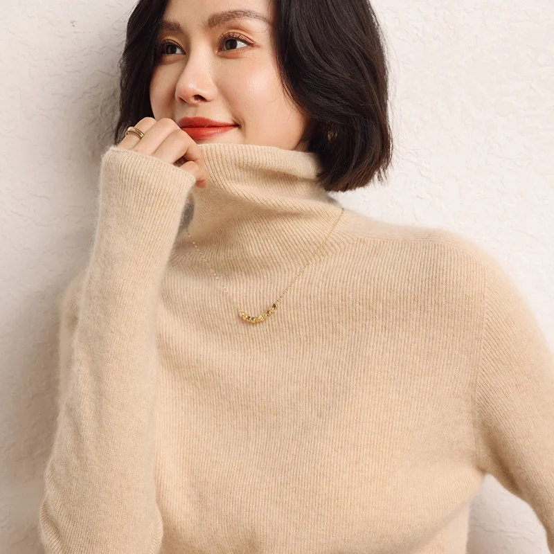 100% cashmere sweater women's knitted pullover sweater high neck solid color slim fit soft cashmere basic women's sweater