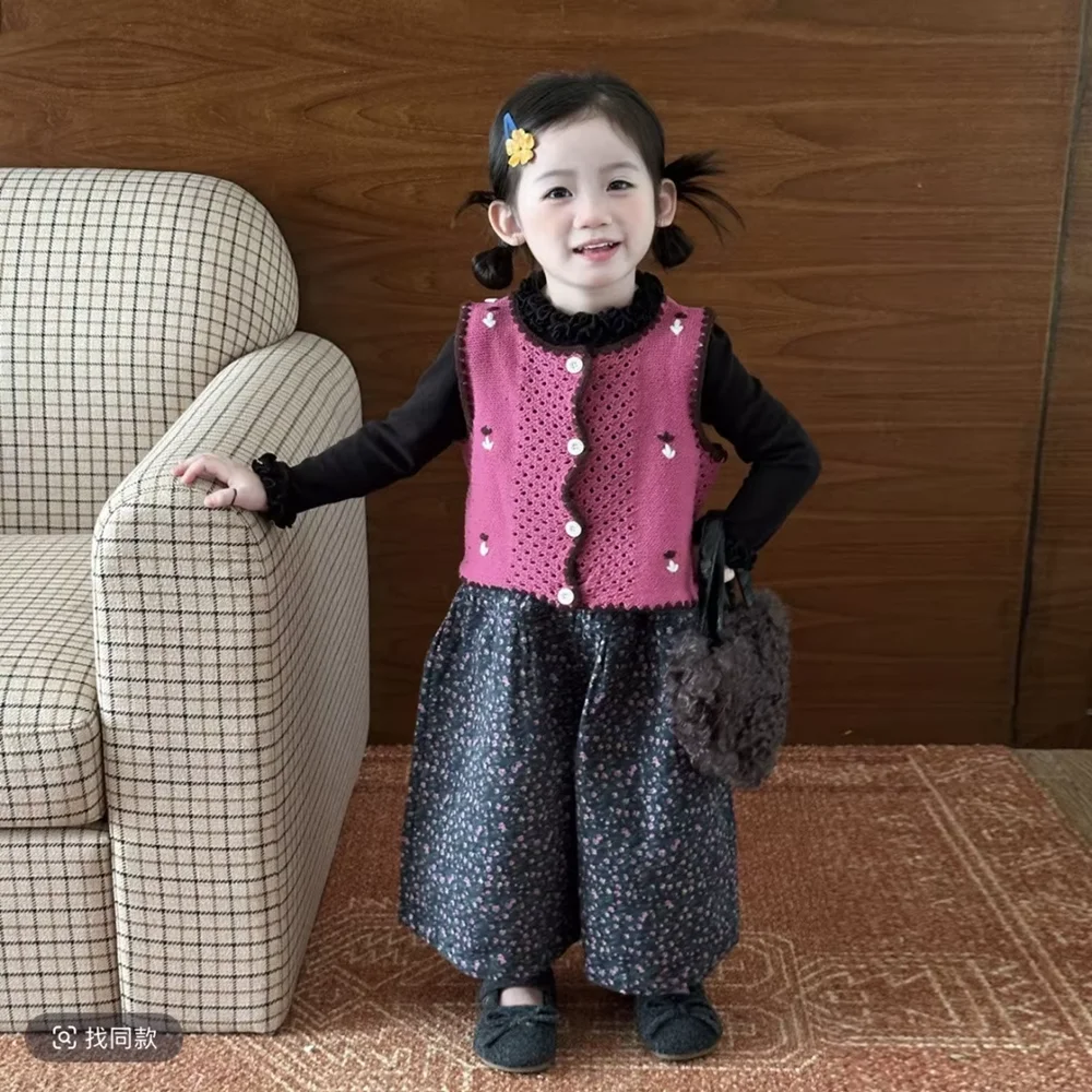 Girls Set Spring Autumn Children's Knitted Vest Ruffle under Shirt Floral Wide Leg Pants 3 Piece Set Clothing 80-140CM