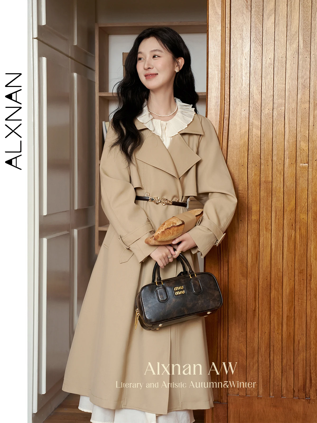 Alxnan feminino cáqui longo trench coat 2025 outono inverno terno colarinho manga raglan camélia metal botão casaco l39622