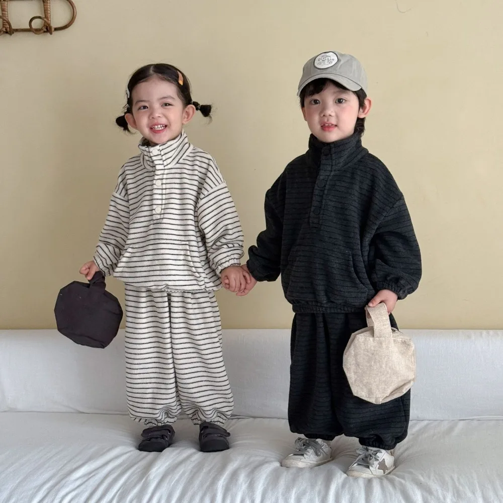 2026 New Spring Autumn Kids Striped Terry Cloth Tracksuit, Loose Casual Sweatshirt Outfit for Toddler Baby Boys and Girls