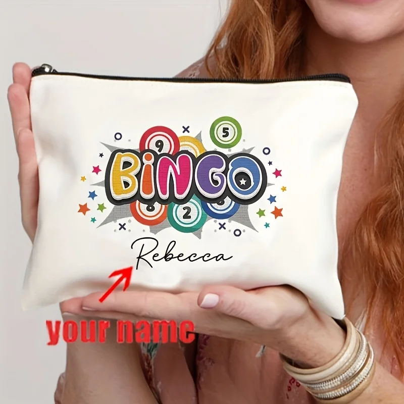 Personalized Bingo Bag Custom Name Makeup Pouch with Lucky Bingo Pattern Lightweight Travel Toiletry Bag Cosmetic Storage Bags