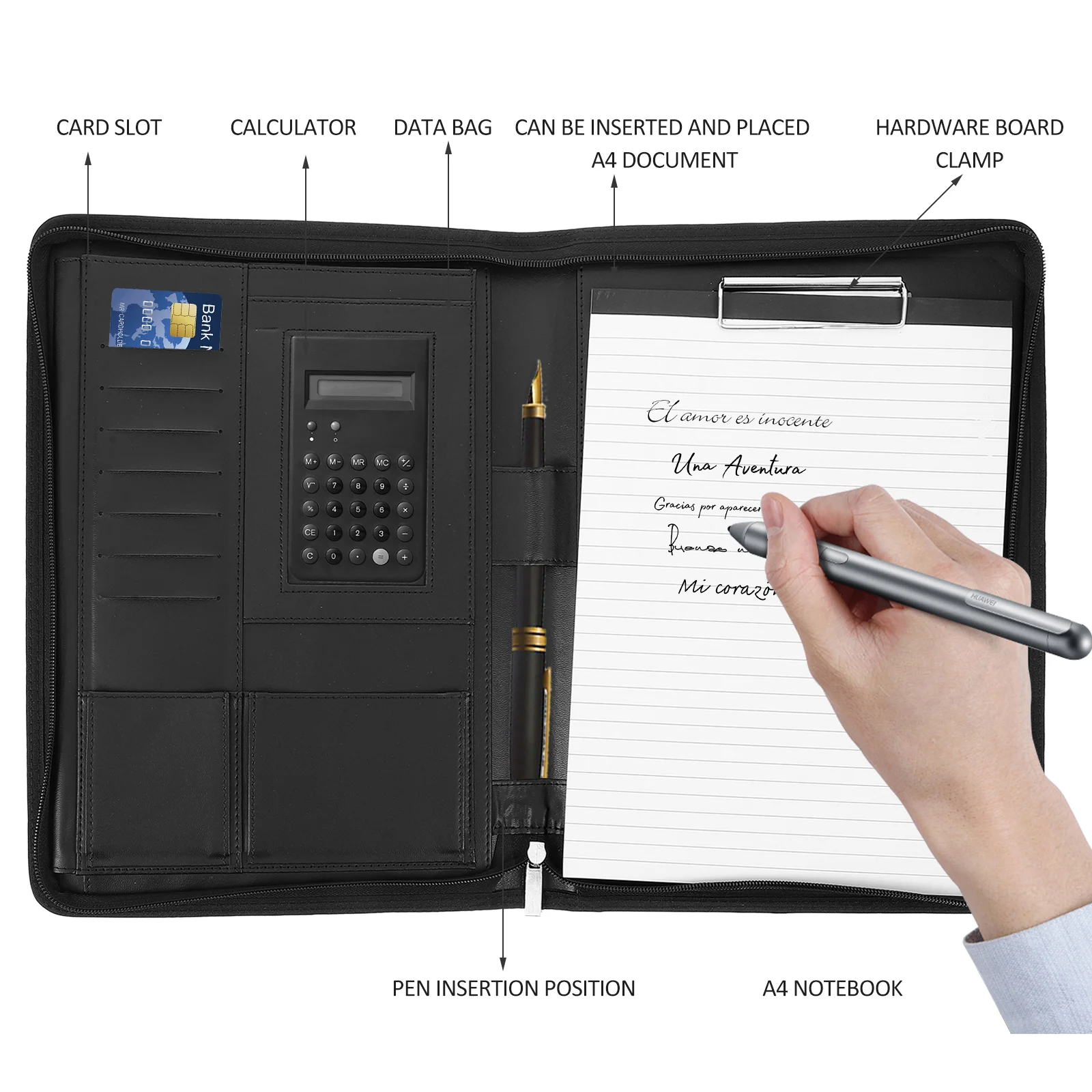 Carpeta con cremallera, carpeta con Clips, portafolio de reanudar, organizador principal para hombres de negocios, Padfolio de Metal profesional con viaje para mujeres