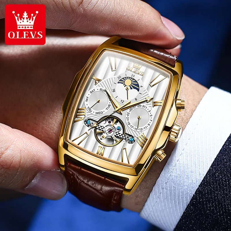 

OLEVS Luxury Personality Mechanical Mens Watches Fashion Tourbillon Tonneau Gold Plated Case Men Watch Luminous Waterproof 6675