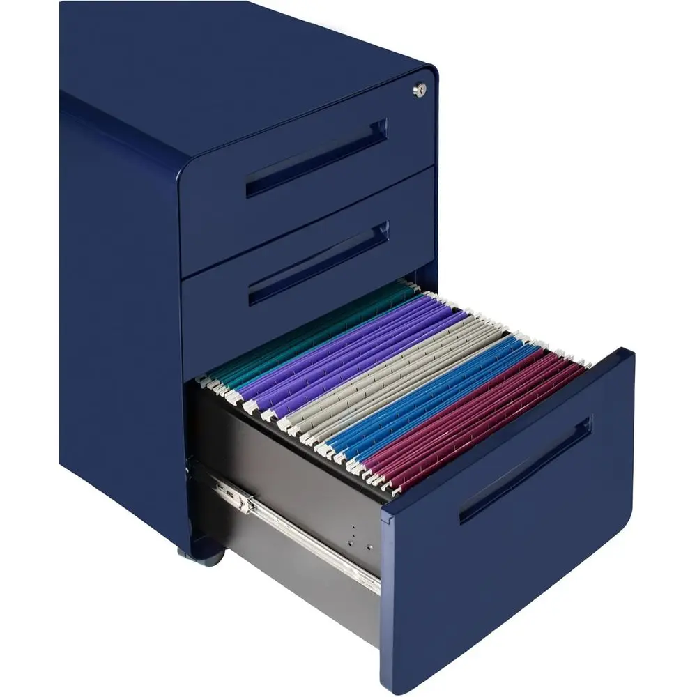 خزانة ملفات فولاذية تحت المكتب مع قفل، أزرق داكن، حجم قانوني/حرف، عجلات، مجموعة ثابتة، تم تجميعها مسبقًا
