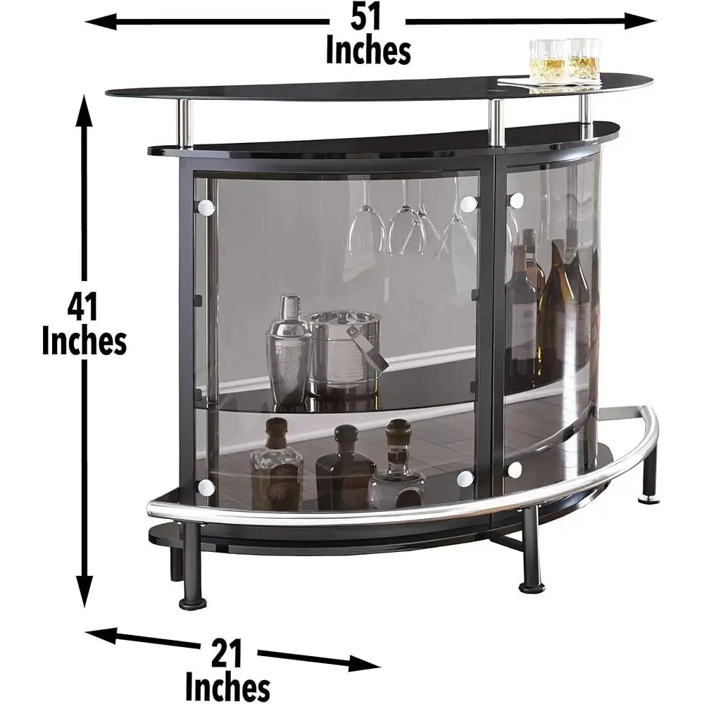 Modern Bar Table with Tempered Glass Shelves and Stemware Rack Footrest Demilune Design Metal Base Levelers Dining Room Pub