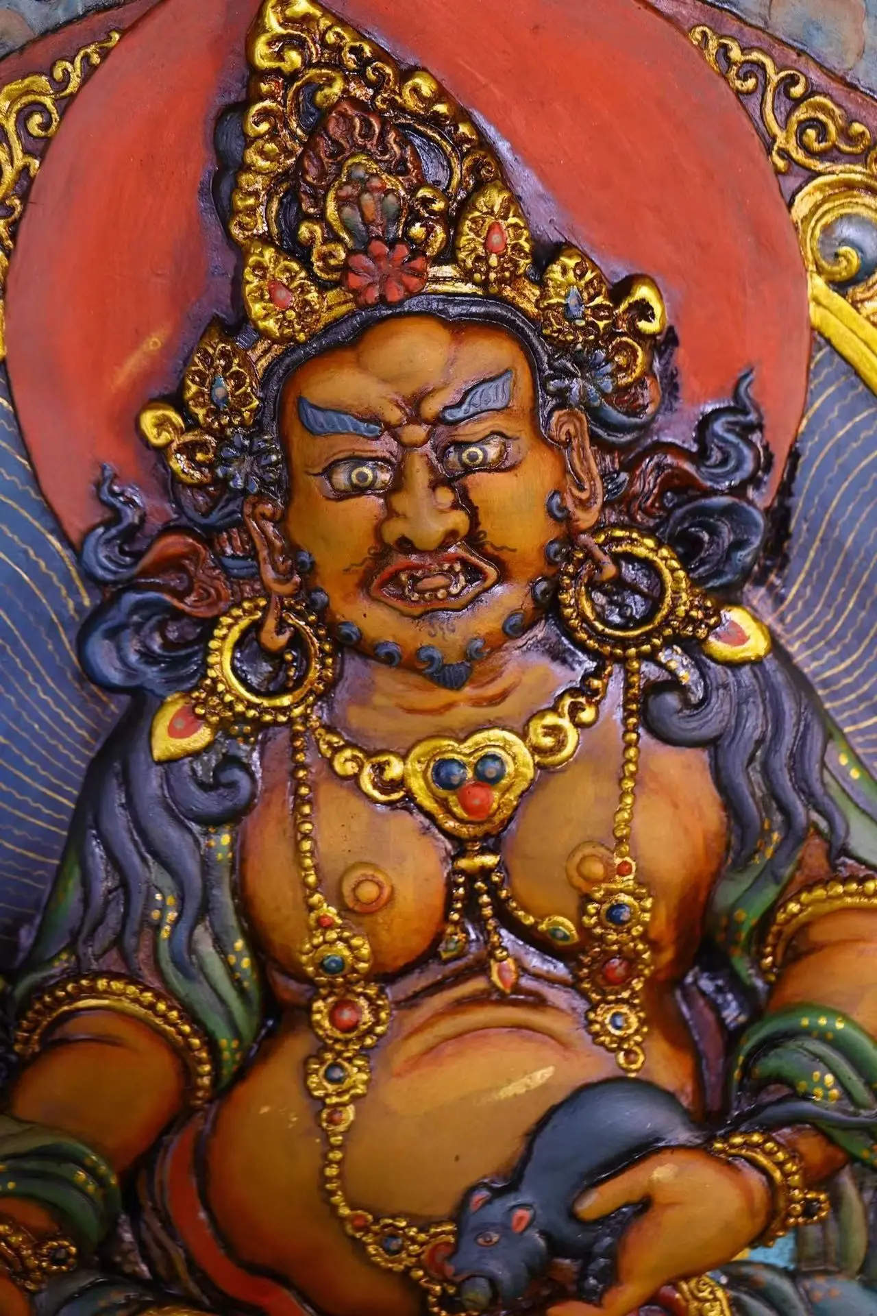 

26"Xizang Folk Collection Old Bodhi Root Painted Outline in gold Yellow Jambhala Buddha Thangka Wall hanging Worship Hall