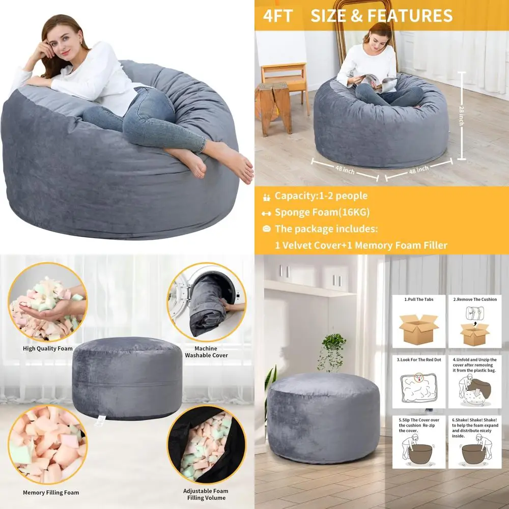 Giant Bean Bag Chair with High-Rebound Memory Foam, Stuffed Bean Bag Sofa with Dutch Velvet Cover, Big Bean Furniture with Soft