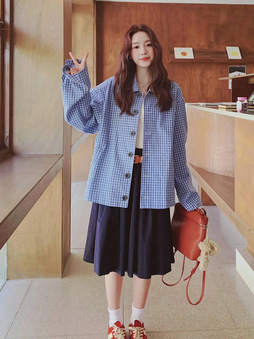 

Loose Fit Casual Jacket Coat Women's Vintage Hong Kong Style Blue Plaid Collar Stand up Long Sleeve Shirt Trendy Polyester Fiber