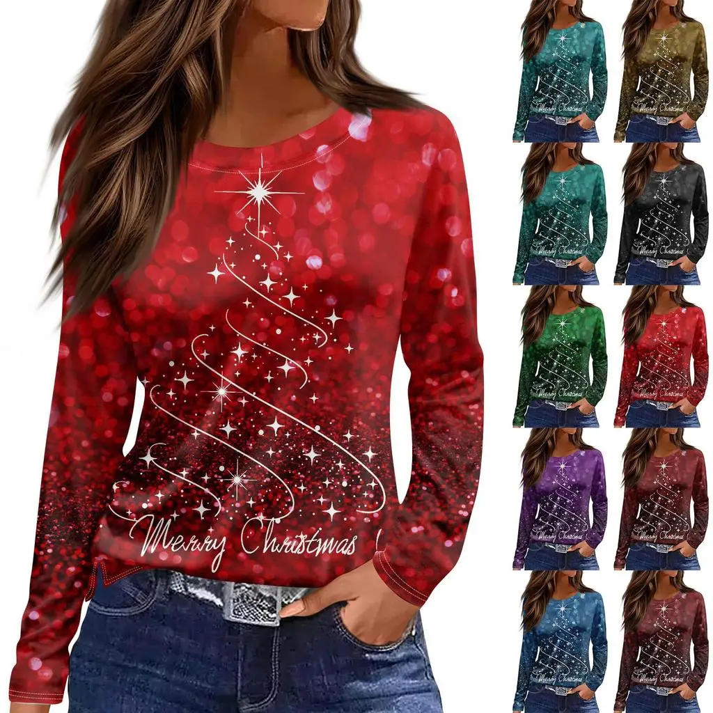 

Women's Christmas themed round neck long-sleeved T-shirt with colorful Christmas tree print and comfortable polyester pullover