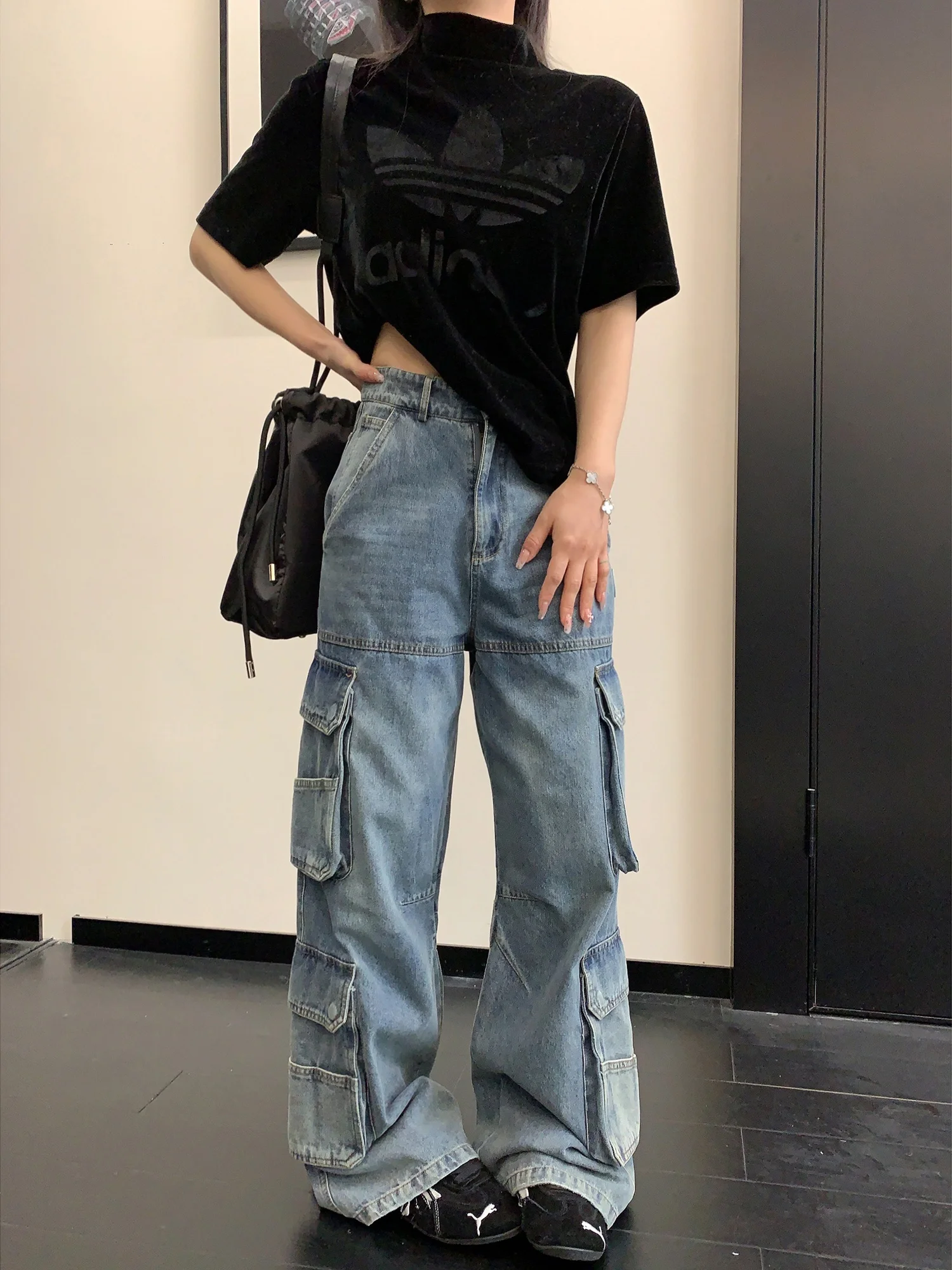 

Spring American Sle Heavyweight Loose Wide Leg Denim Jeans Women's Multi-ket Straight Workwear Trousers Trendy Oisis