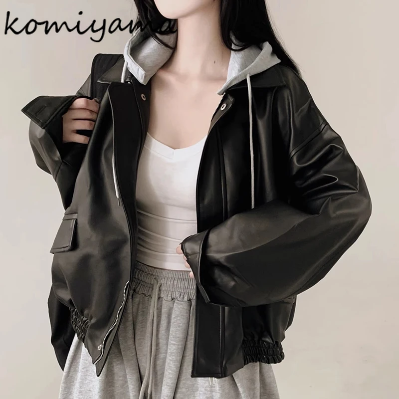 

Контрастная куртка Chaquetas De Mujer из искусственной кожи с капюшоном, мотоциклетные куртки, осенняя новая верхняя одежда, свободная повседневная женская одежда