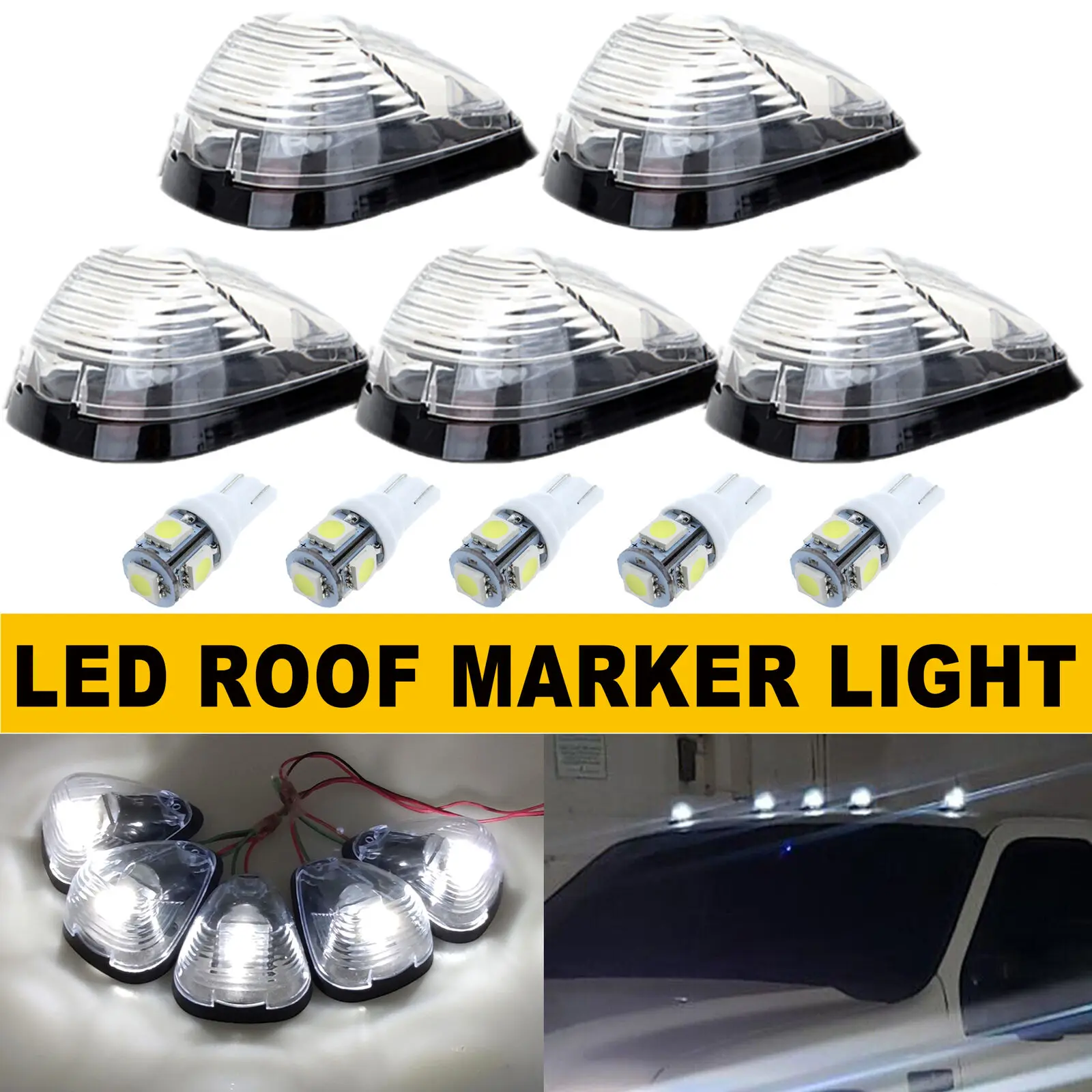 

Clear Lens 6000K White LED Top Cab Roof Marker Running Lights Bulbs Kit For 1999-2016 F250 F350 F450 Super Duty