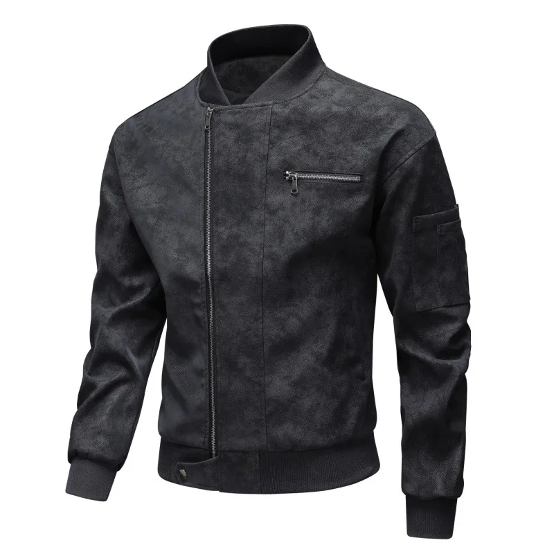 

PU Jacket Men Motorcycle Biker Baseball Jacket Coat Fashion Casual Cargo Jacket Male PU Coat Black