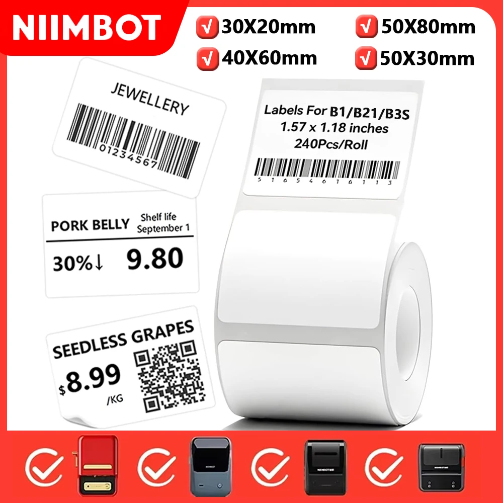 Niimbot الأبيض الحراري التسمية 20-50 مللي متر ل B1/B21/B3S طابعة صغيرة لاصق ملصق مضاد للمياه الأشعة فوق البنفسجية ورقة لعلامة السعر تسمية صانع