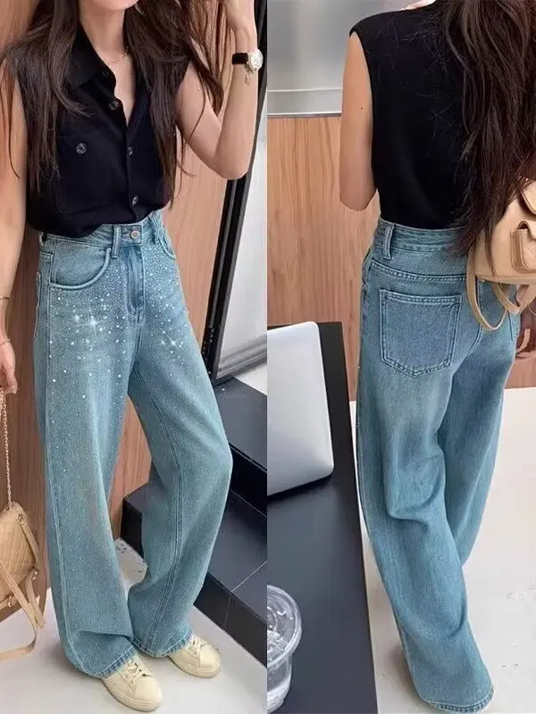 

Heavy Du Rhinestone Straight Leg High Waist Slim Fit Wide Leg Pants Casual Versatile Loose Long Jeans for Women