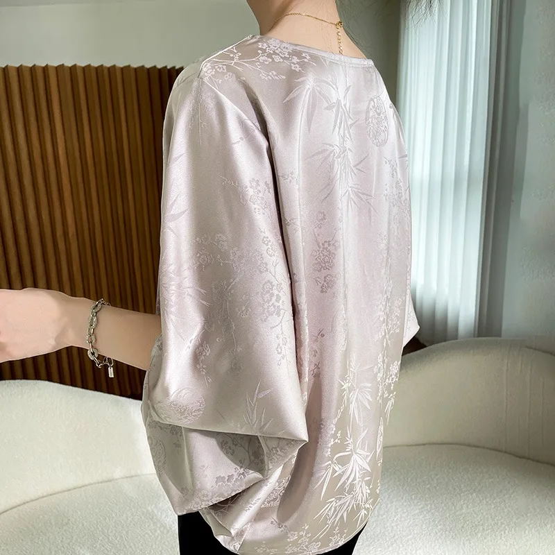 Silk Satin Batwing Sve Top Women Summer Loose Slim Fit Seven Sve irt Floral Embroidery Relief Sle Commute round Ne