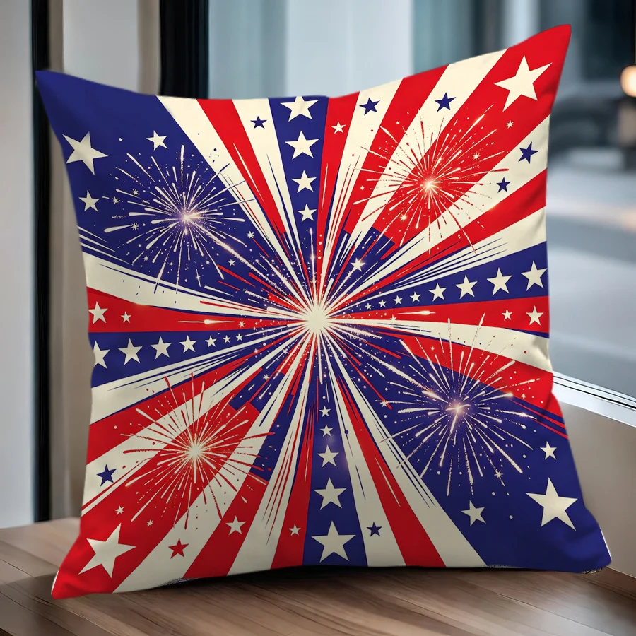 1PC Throw Pillow Cover,American Flag Firework Print,Patriotic Independence Day Style,For Sofa Bedroom Couch Home Decor