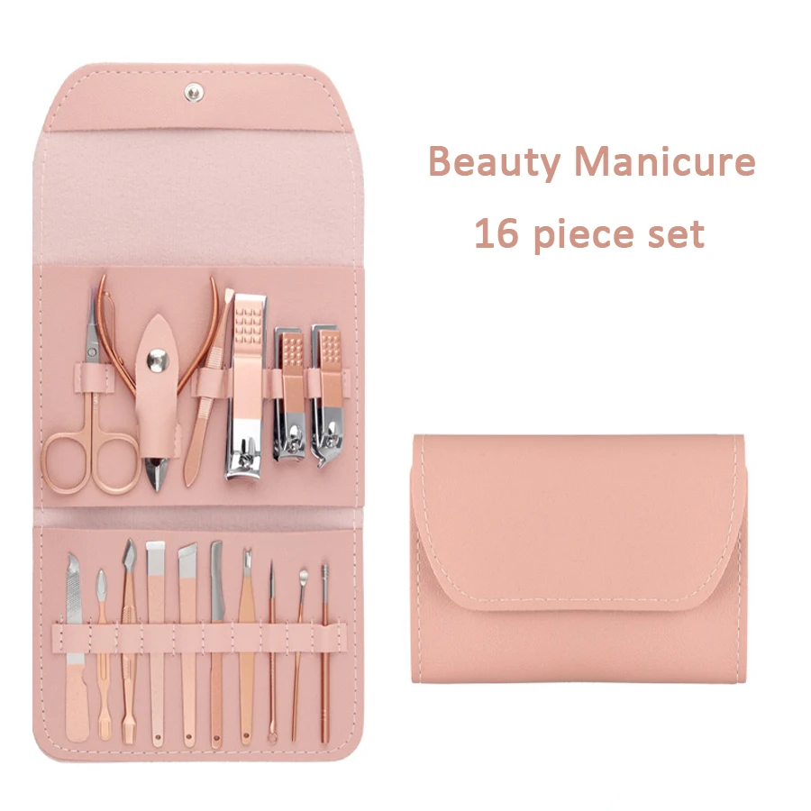 Pink Set Nail Cutter Set Stainless Steel Nail Clippers Set With Folding Bag Manicure Cutter Kits Scissors Makeup Beauty Tool